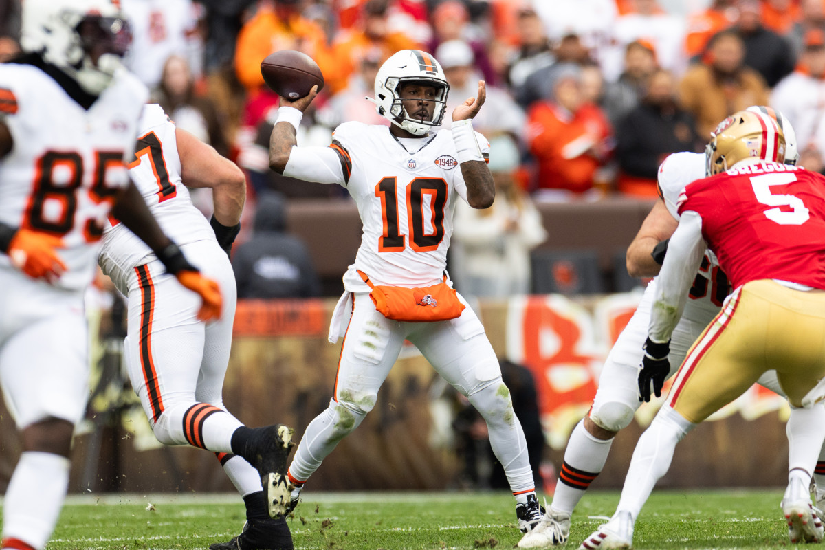 Oct 15, 2023; Cleveland, Ohio, USA; Cleveland Browns quarterback PJ Walker (10) throws the ball against the San Francisco 49ers during the second quarter at Cleveland Browns Stadium.